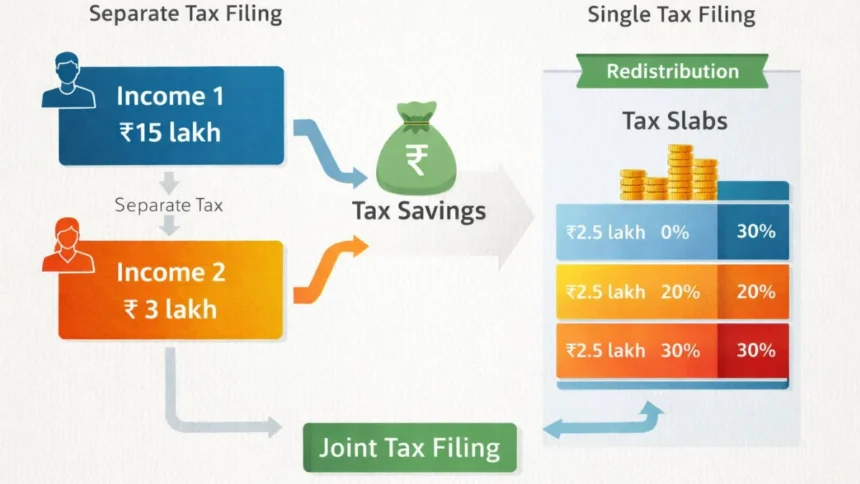 Joint tax filing concept showing combined income and tax slabs