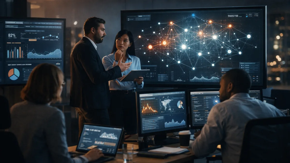 Neural networks analyzing business data in a modern office