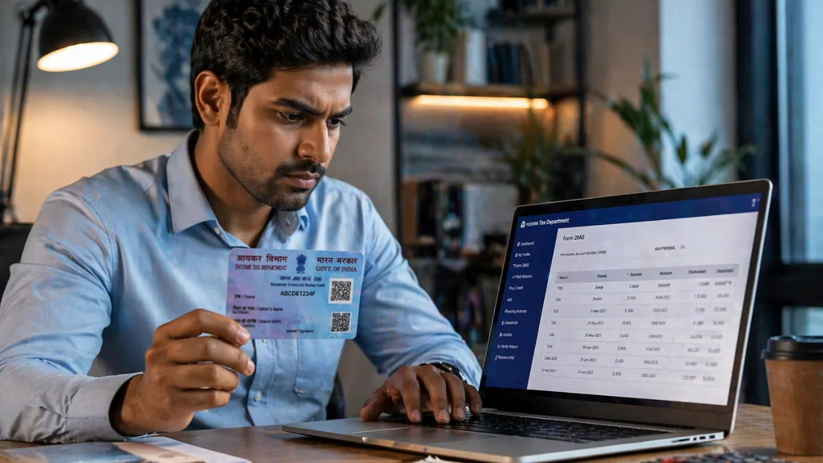 Person checking PAN misuse online on laptop in India