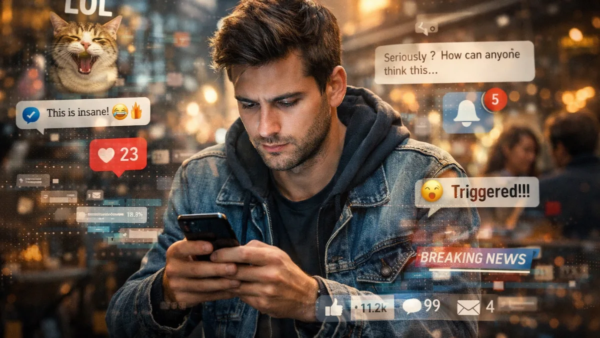 Person experiencing digital overload while scrolling social media endlessly
