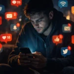Person overwhelmed by smartphone notifications in dark environment