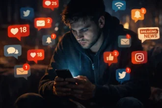 Person overwhelmed by smartphone notifications in dark environment