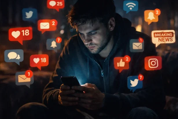 Person overwhelmed by smartphone notifications in dark environment