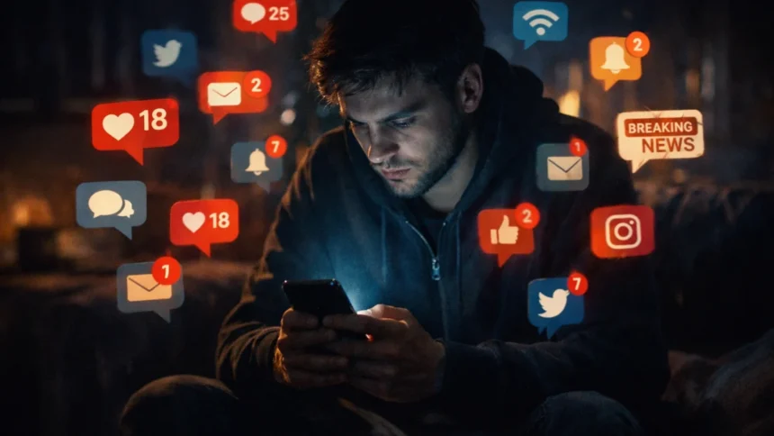 Person overwhelmed by smartphone notifications in dark environment