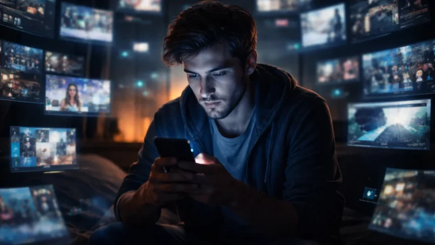 Person scrolling endlessly on phone late night showing internet rabbit hole effect