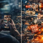 Person scrolling phone with fragmented content representing Corecore trend