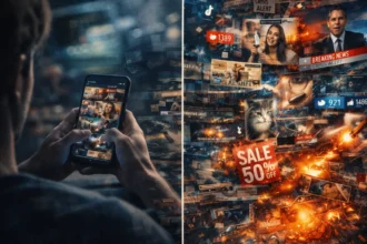 Person scrolling phone with fragmented content representing Corecore trend