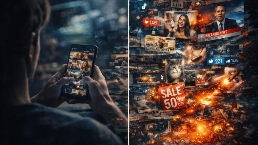 Person scrolling phone with fragmented content representing Corecore trend