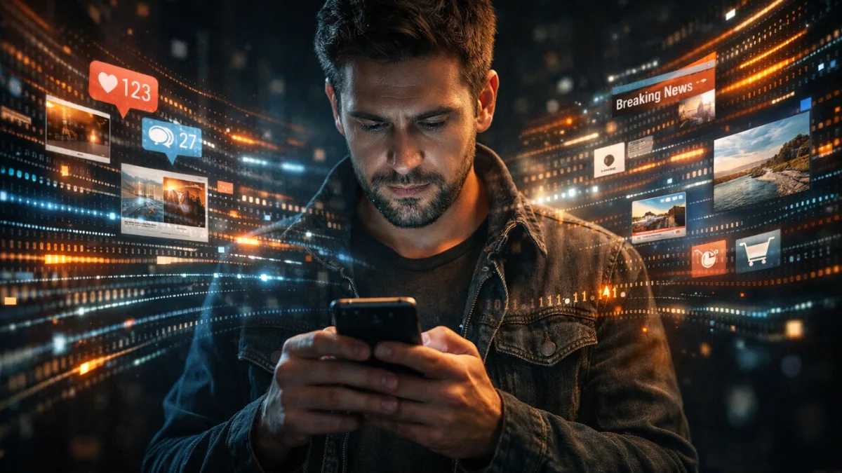 Person using smartphone influenced by algorithmic content flow