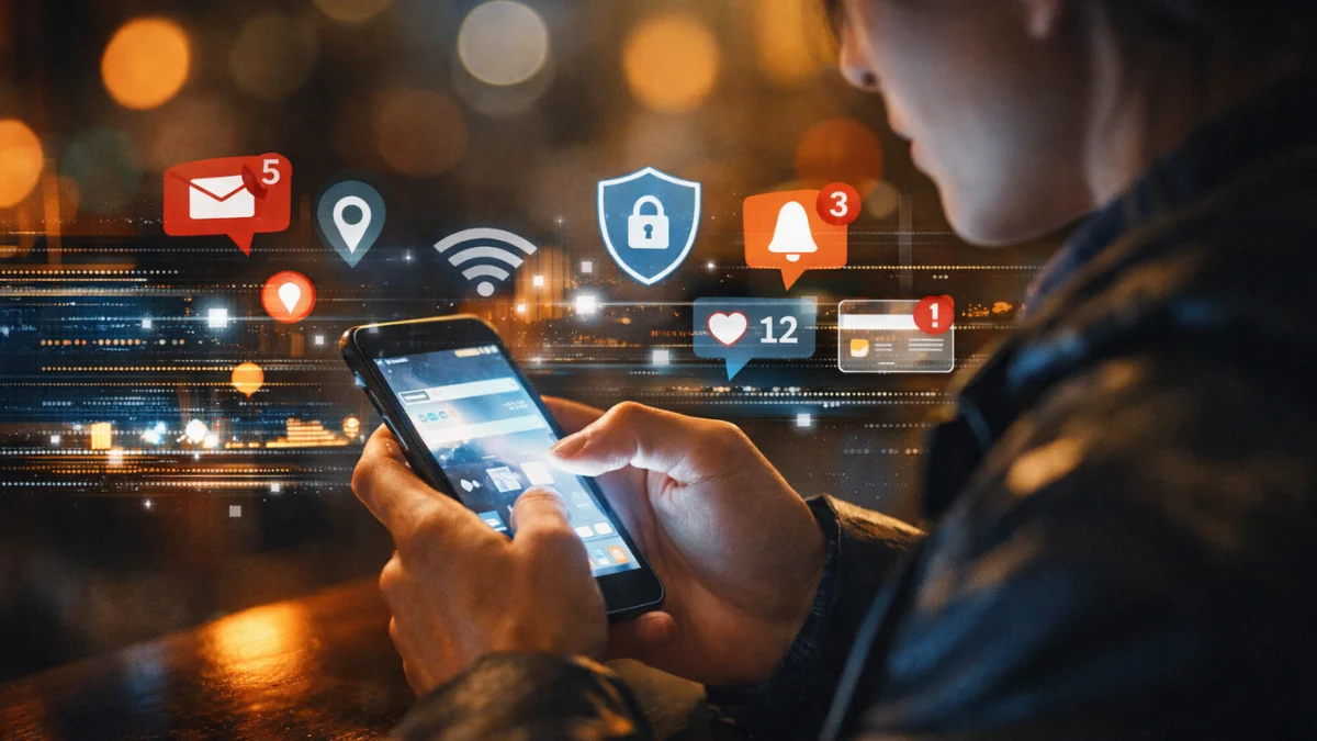 Person using smartphone with data tracking icons representing Privacy Importance