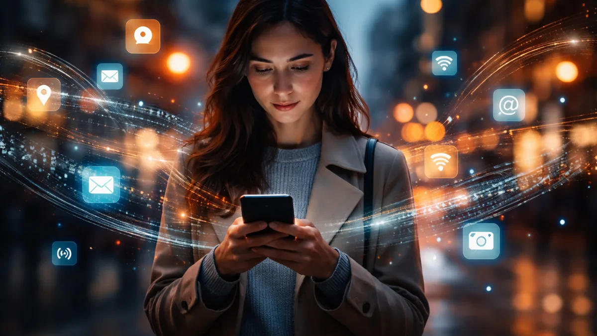 Person using smartphone with visible data tracking elements around