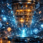 Quantum AI system visualizing qubits and artificial intelligence network