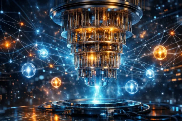 Quantum AI system visualizing qubits and artificial intelligence network