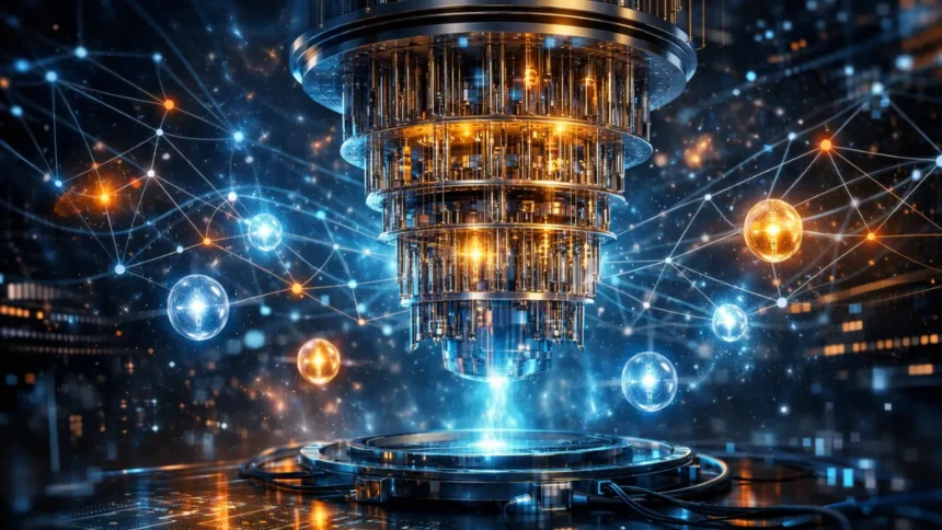 Quantum AI system visualizing qubits and artificial intelligence network