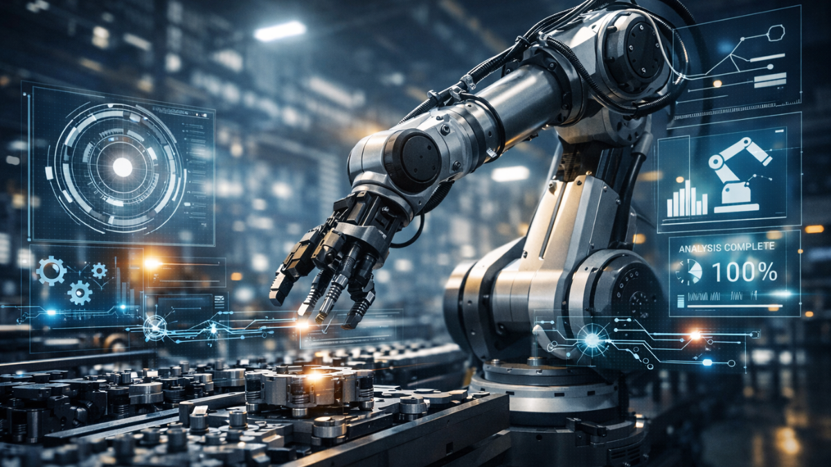 Robotic arm in smart factory representing what is robotics in modern industry