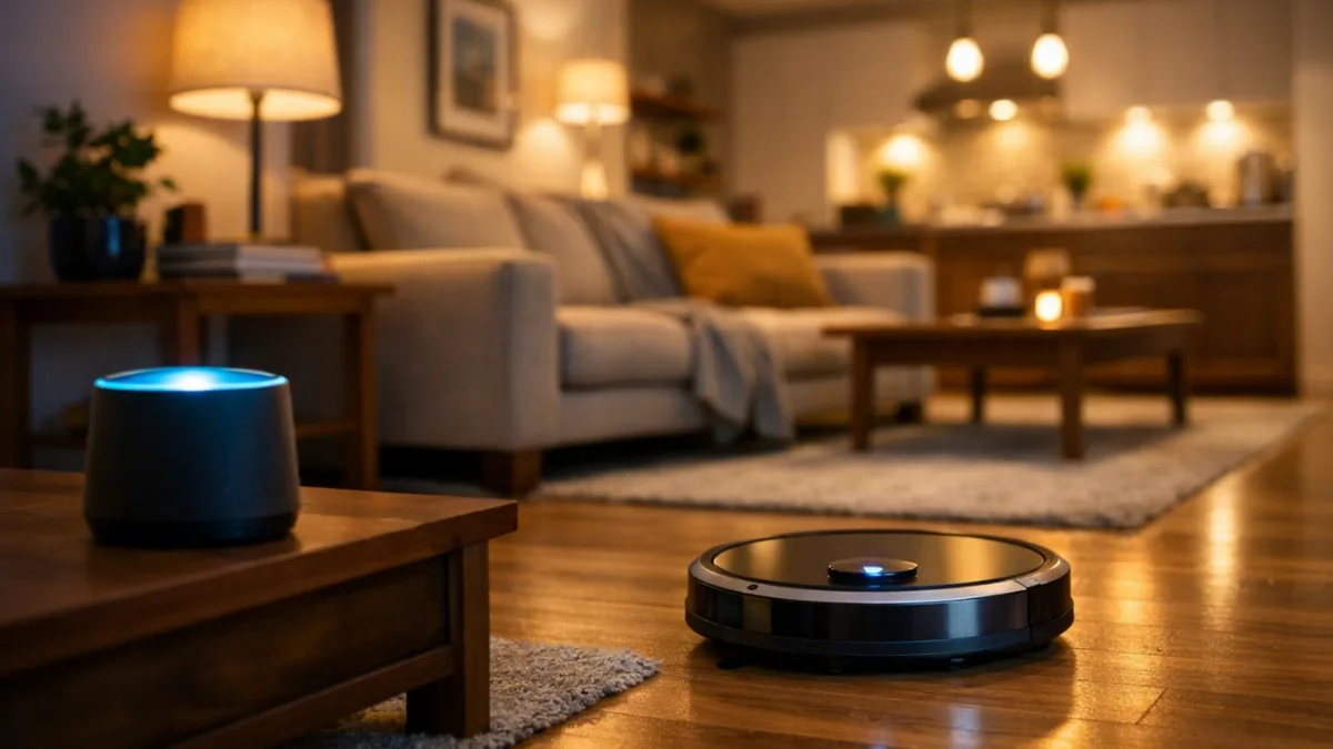 Robotic vacuum cleaning in a smart home showing robots in daily life