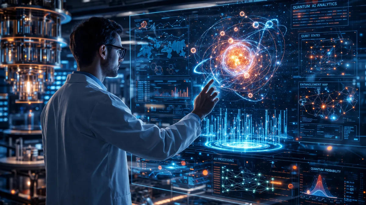 Scientist working on advanced quantum AI system in futuristic lab