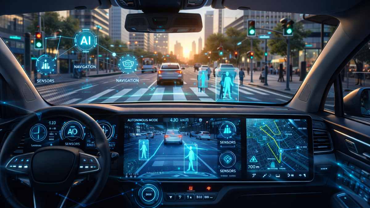Self-driving car interface showing real-time sensor data and road detection