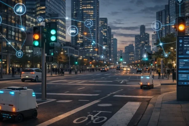Smart city infrastructure with automation and robotics in everyday use
