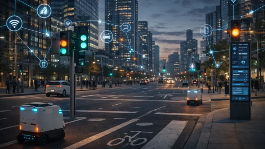 Smart city infrastructure with automation and robotics in everyday use