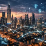 Smart city skyline showing how cities use tech through connected infrastructure