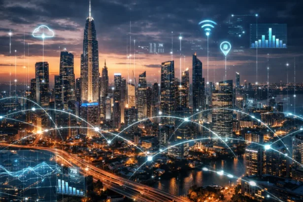 Smart city skyline showing how cities use tech through connected infrastructure