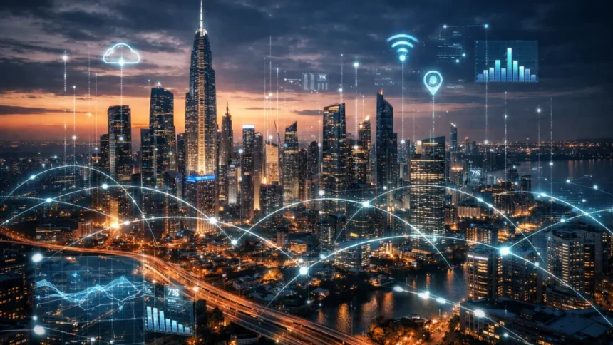 Smart city skyline showing how cities use tech through connected infrastructure