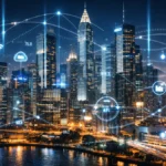 Smart city skyline with digital infrastructure and connected systems