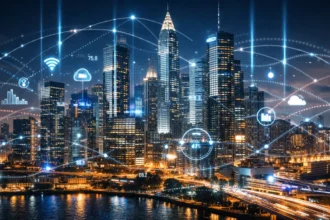 Smart city skyline with digital infrastructure and connected systems