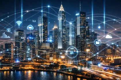 Smart city skyline with digital infrastructure and connected systems