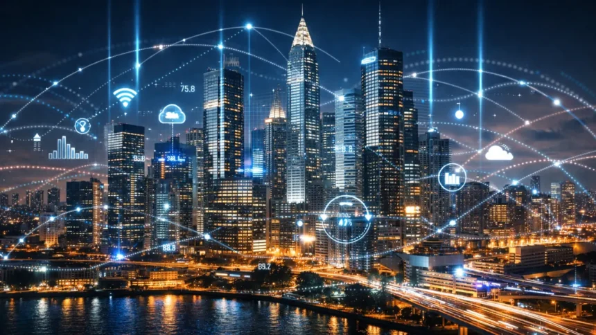 Smart city skyline with digital infrastructure and connected systems