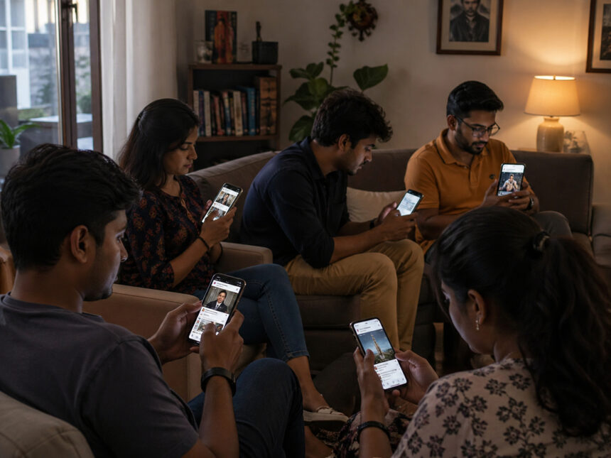 People in India using smartphones showing different political opinions on social media platforms
