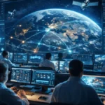 Space technology control center monitoring satellites and Earth data