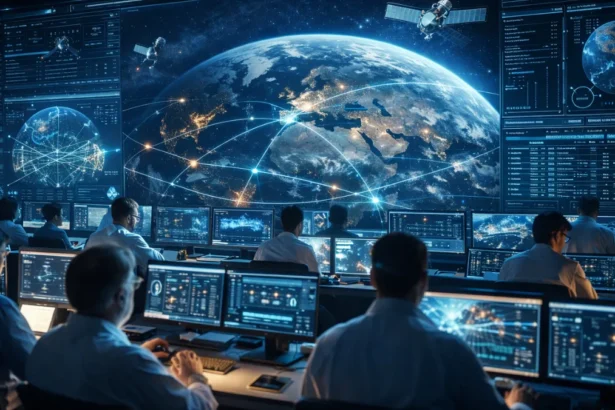 Space technology control center monitoring satellites and Earth data