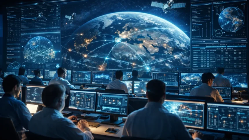 Space technology control center monitoring satellites and Earth data