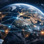 Future of Space showing satellites orbiting Earth with global connections