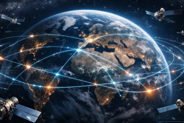 Future of Space showing satellites orbiting Earth with global connections