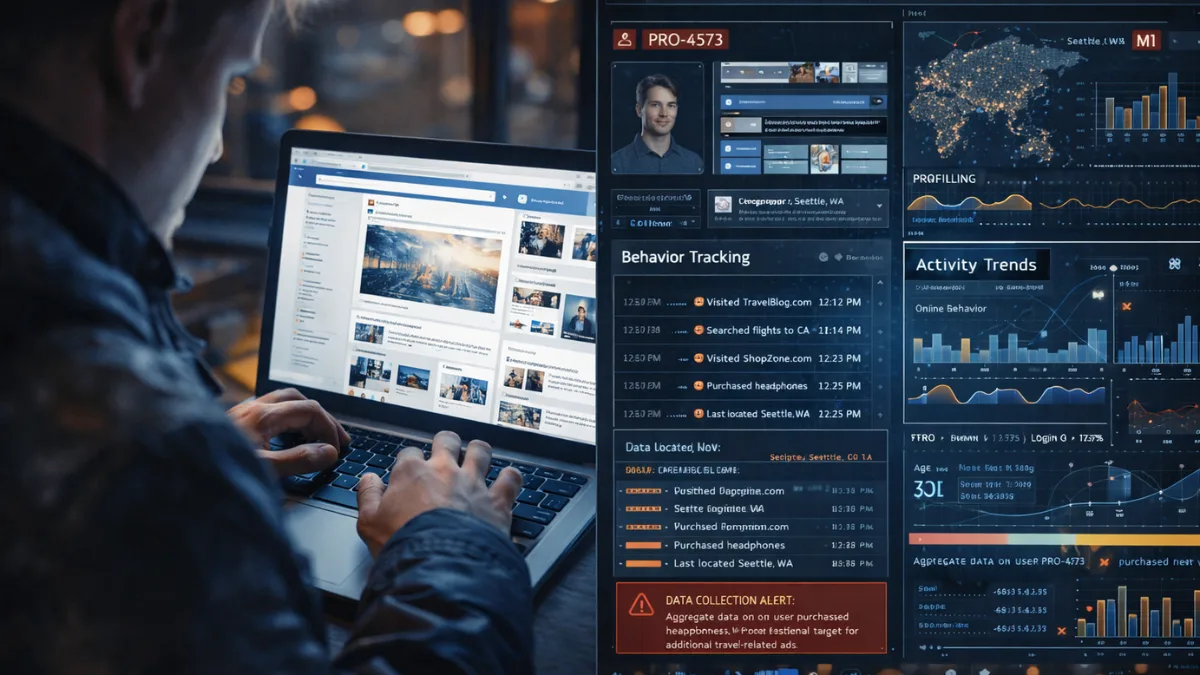 Split-screen showing user activity and data tracking dashboard explaining Privacy Importance