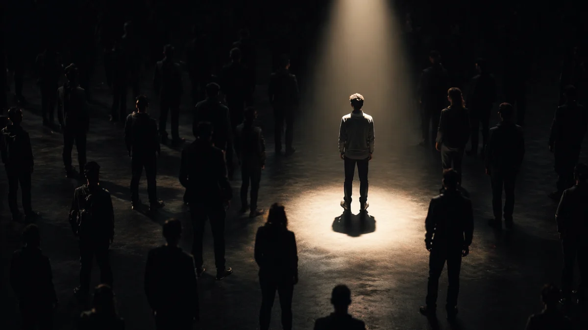 Spotlight highlighting one individual while others fade into background symbolizing attention imbalance