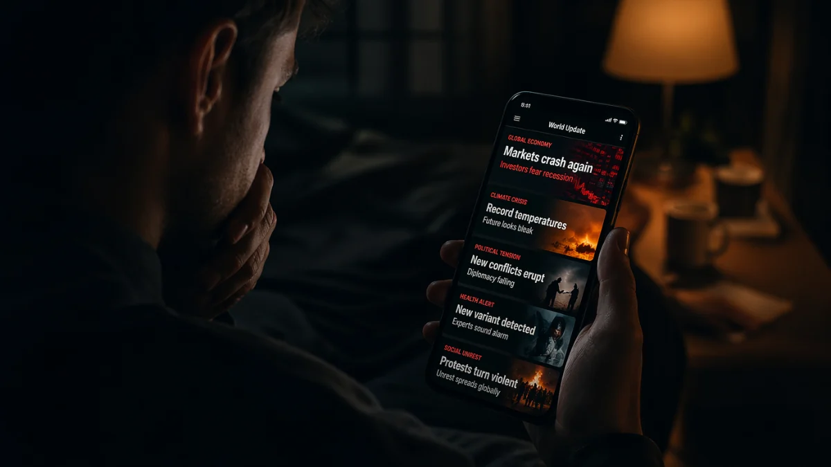 User experiencing Doomposting through negative social media content at night