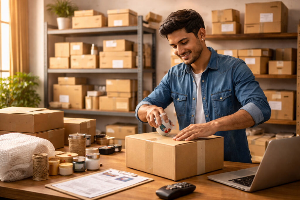 Indian startup founder working on laptop representing digital growth and self-reliance