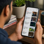 Indian user scrolling news on smartphone with multiple social media feeds reflecting news credibility India concerns