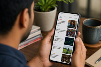 Indian user scrolling news on smartphone with multiple social media feeds reflecting news credibility India concerns