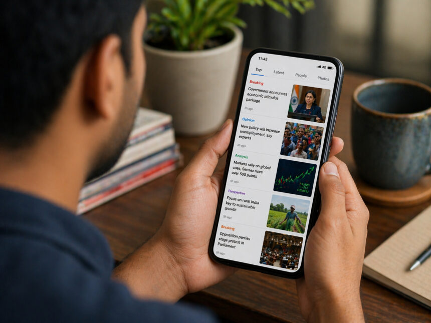 Indian user scrolling news on smartphone with multiple social media feeds reflecting news credibility India concerns