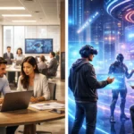 comparison of real office and metaverse workspace highlighting digital transformation