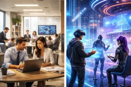 comparison of real office and metaverse workspace highlighting digital transformation