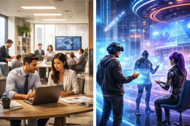 comparison of real office and metaverse workspace highlighting digital transformation