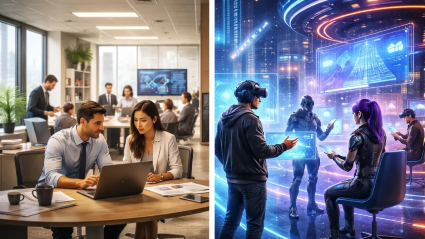 comparison of real office and metaverse workspace highlighting digital transformation