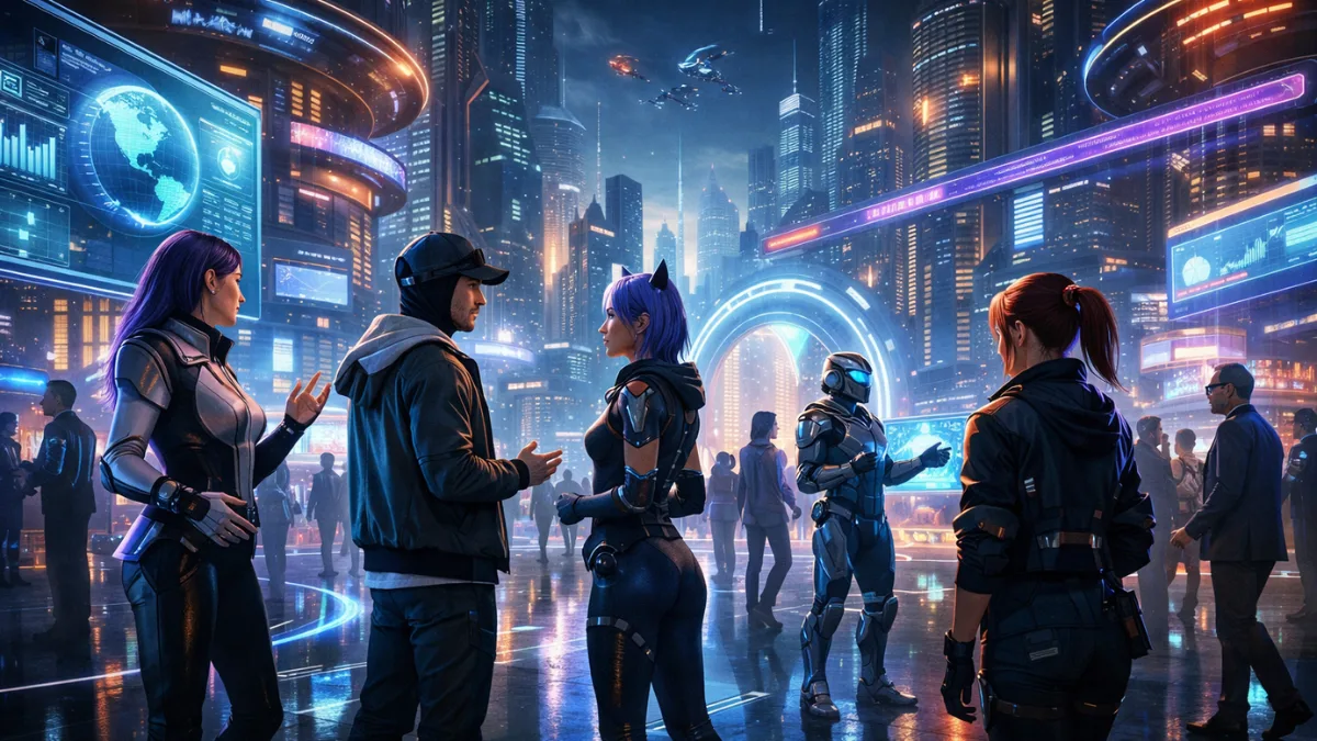 immersive metaverse environment showing digital avatars interacting in virtual city