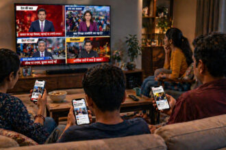 Indian audience watching different news channels on TV and mobile showing contrasting narratives highlighting media bias India